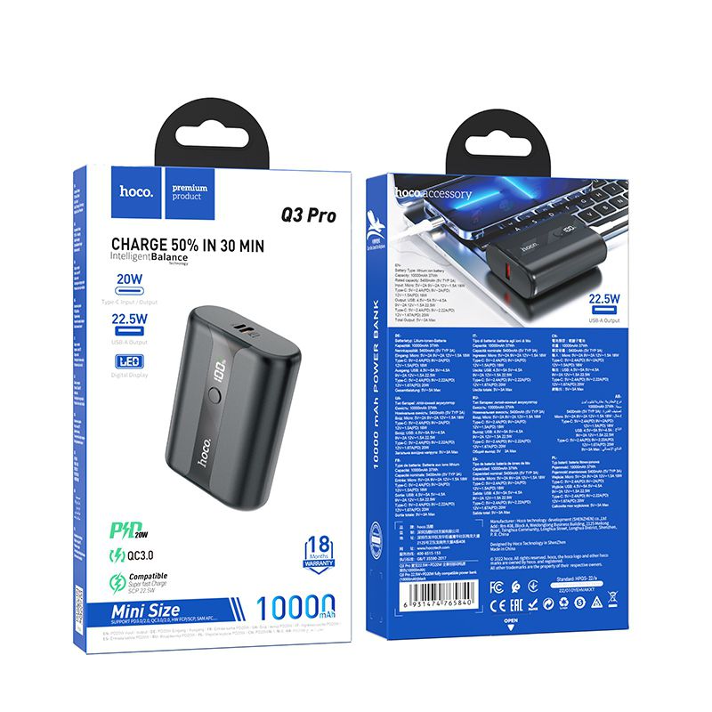 Hoco Q3 Pro Mini Size QC Charge LED PD 22.5W+20W Power Bank 10000mAh - Black