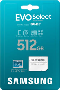 Thumbnail for Samsung EVO Select Micro SD + Adapter SDXC 512GB 130MB/s for 4K UHD UHS-I, U3, A2, V30