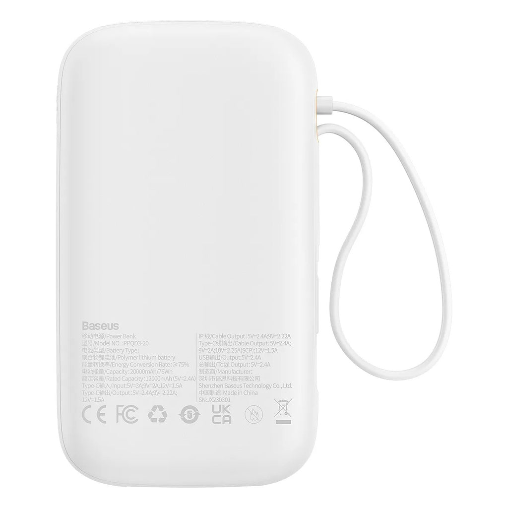 Baseus Qpow2 Dual-Cable Digital Display Fast Charge Power Bank 20000mAh 22.5W - White