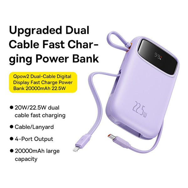 Baseus Qpow2 Dual-Cable Digital Display Fast Charge Power Bank 20000mAh 22.5W - Purple