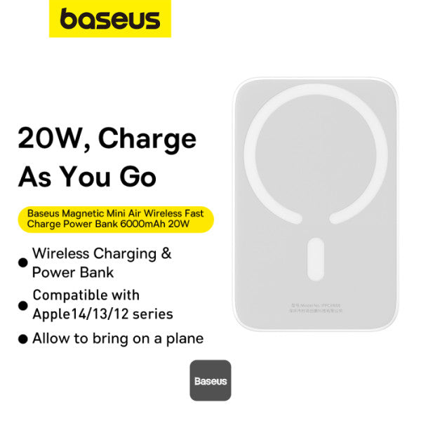 Baseus 6000mAh Magnetic Mini Air 15W Wireless Power Bank With PD 20W Type-C Port - White