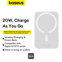 Thumbnail for Baseus 6000mAh Magnetic Mini Air 15W Wireless Power Bank With PD 20W Type-C Port - White