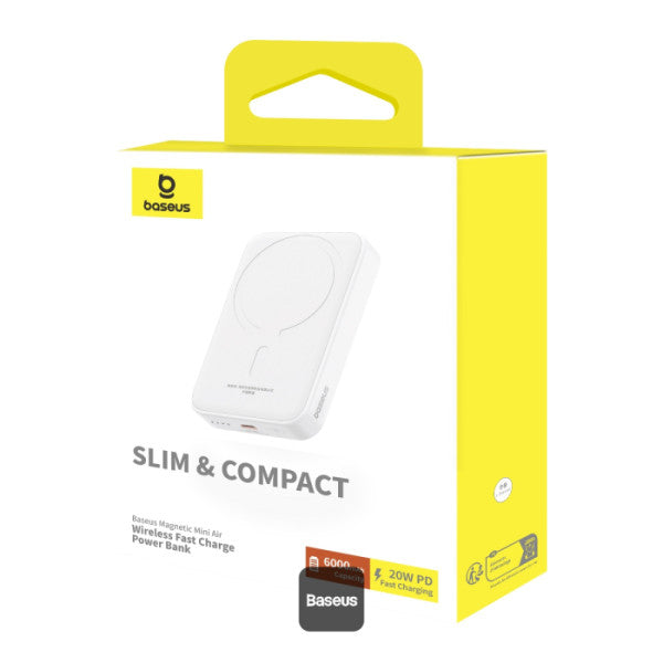 Baseus 6000mAh Magnetic Mini Air 15W Wireless Power Bank With PD 20W Type-C Port - White