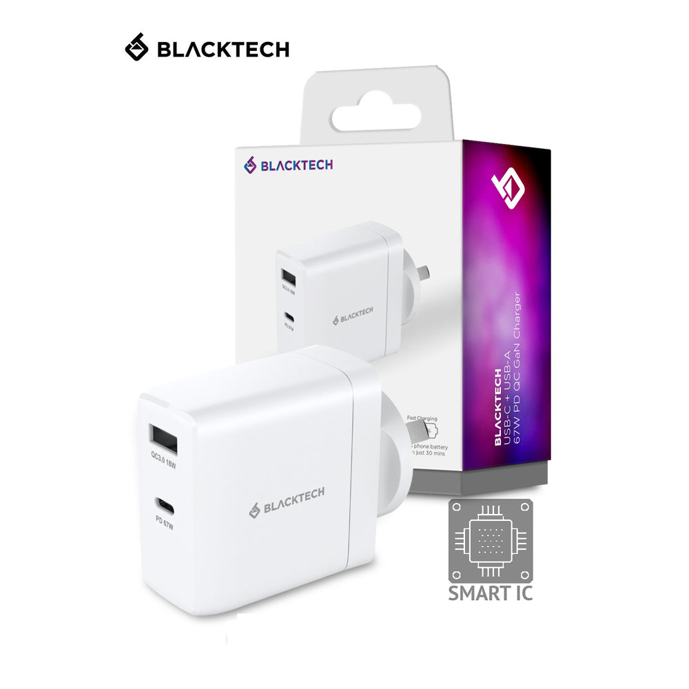 BLACKTECH USB-C USB-A 67W PD QC GaN Charger With Smart IC - White