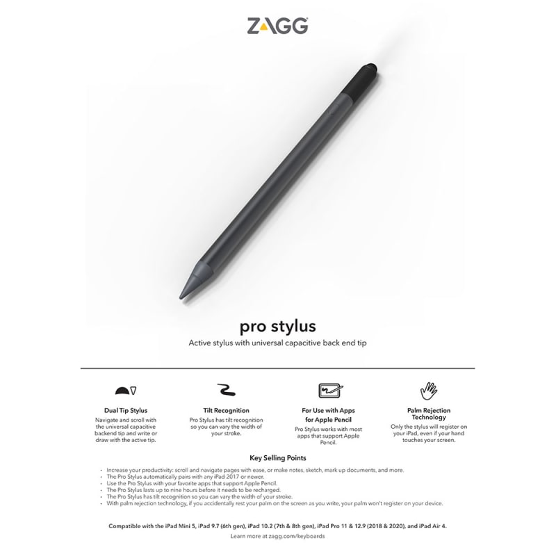 Zagg Pro Stylus Pencil For iPad 6th/7th Gen/iPad Pro 11/12.9 - Black / Grey