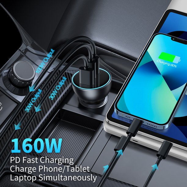 Baseus 160W Car Charger USB Type C QC 5.0 Fast Charging For iPhone 14 Pro Laptop Macbook + Cable