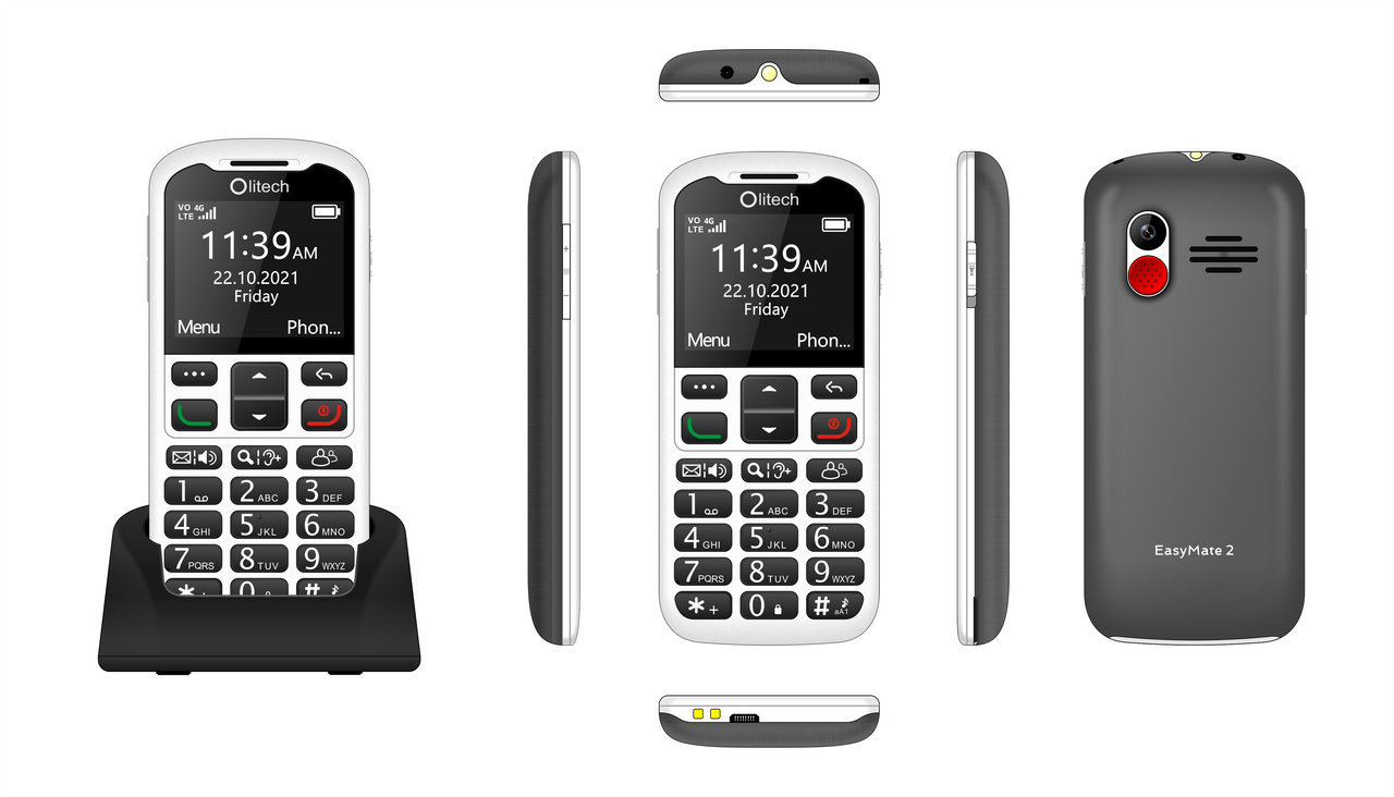 Olitech EasyMate 2 Seniors 4G Phone - Big Buttons, GPS Location, Amplified Volume - Black/White