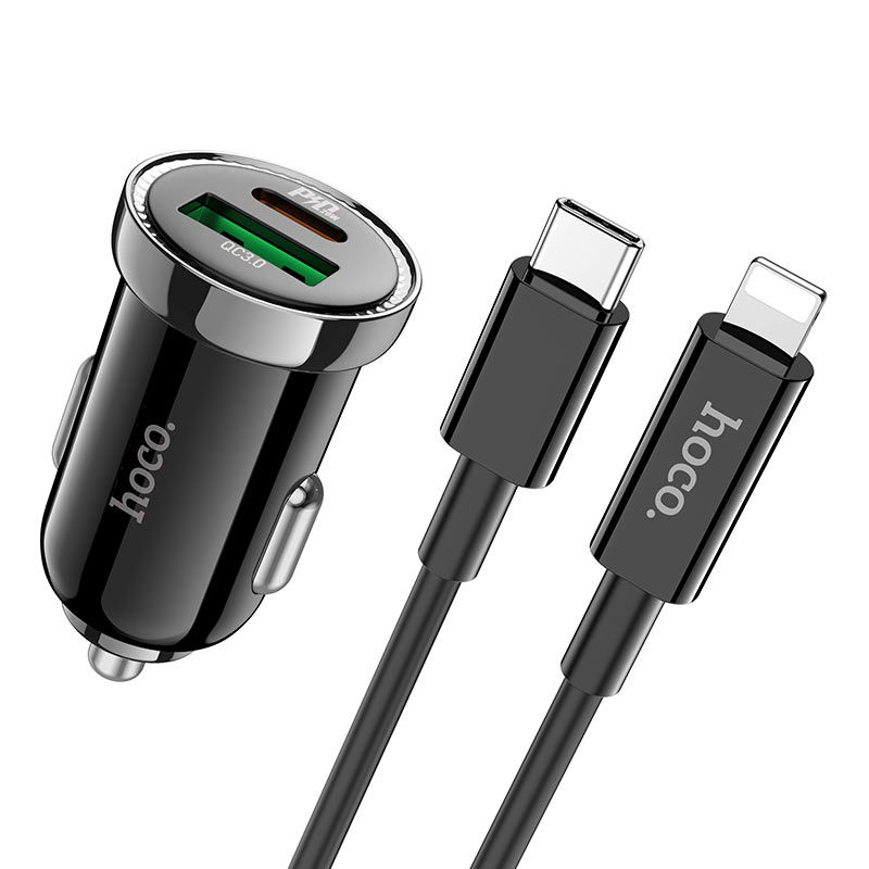 Hoco PD 20W MINI Car Charger with USB-C to Lightning Cable Set |QC3.0| Z44 - Black