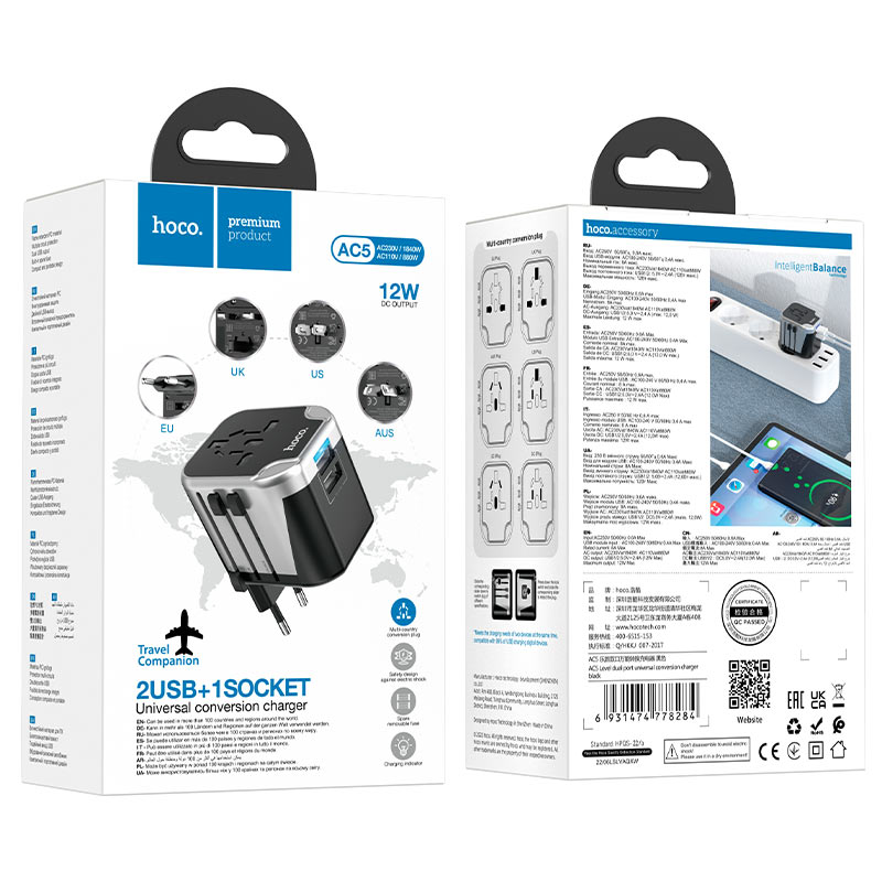 Hoco AC5 12W 2 x USB-A port Universal TRAVEL Charger WALL Adapter AU|USA|UK|EU|ASIA|