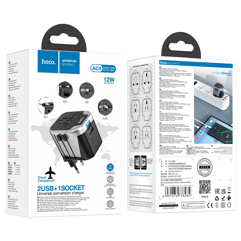 Hoco AC5 2 x USB Universal TRAVEL Charger WALL Adapter AU|USA|UK|EU|ASIA|