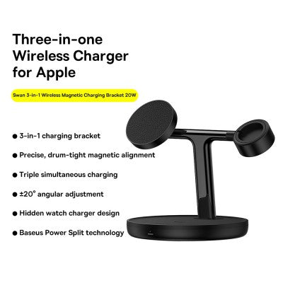 Baseus 3-in-1 Wireless Charger for Apple Magsafe 20W- Black (Watch|Airpods|iPhone)