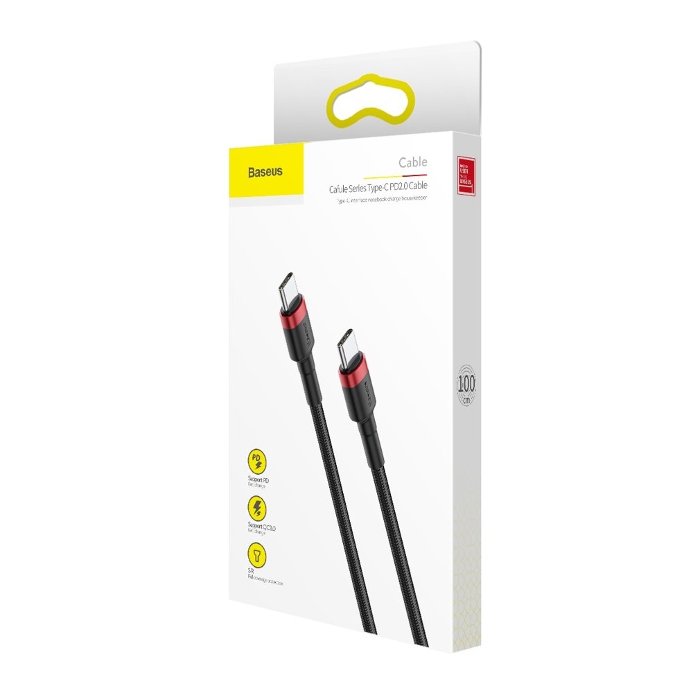 Baseus Cafule Cable  Nylon USB-C to USB-C PD2.0 60W 20V 3A QC3.0 1M - Black/Red