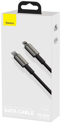 Thumbnail for Baseus Tungsten Gold USB-C to Lightning 20W Fast Charging PD Cable Cord 1Meter - Black