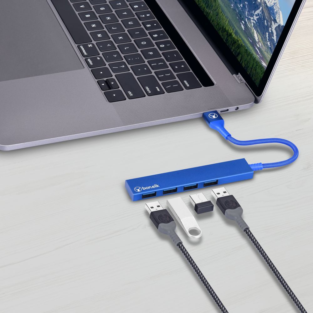 Bonelk Long-Life USB-A to 4 Port USB 3.0 Slim Hub - Blue