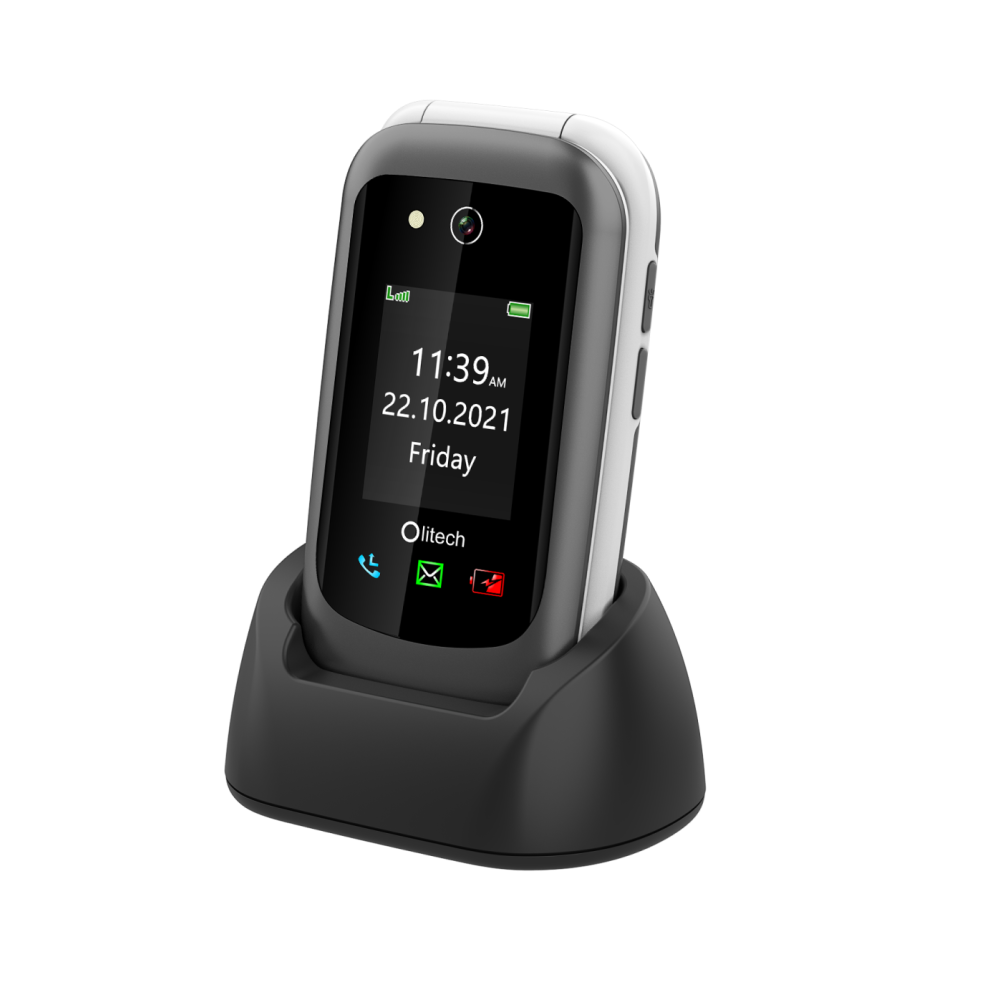 Olitech Easy Flip2 4G Seniors Phone: Big Buttons, GPS Location, Amplified Volume, Emergency Key - Black/White