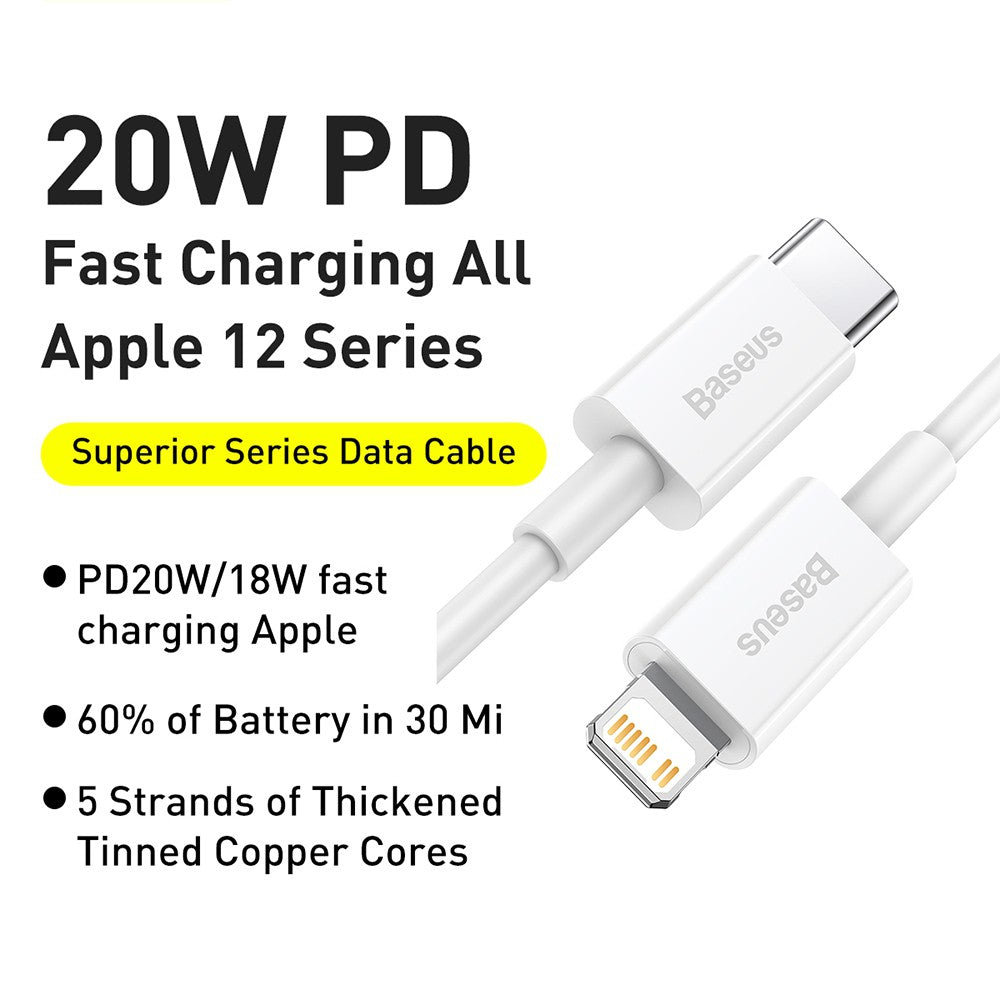 Baseus Superior Series Fast Charging Data Cable USB-C  to Lightning PD 20W 1.5M - White