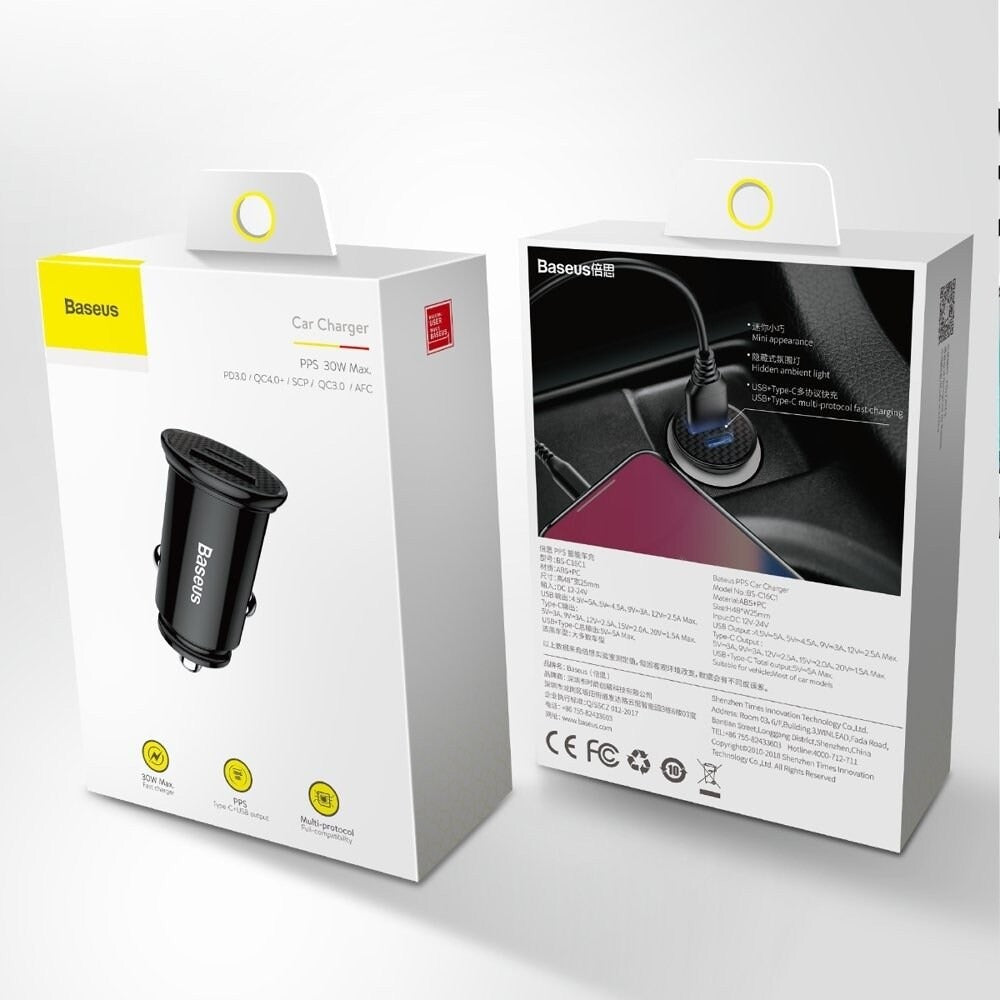 Baseus 30W USB-A + USB-C Car Vehicle Charger PD3.0 QC 4.0 PPS - Black