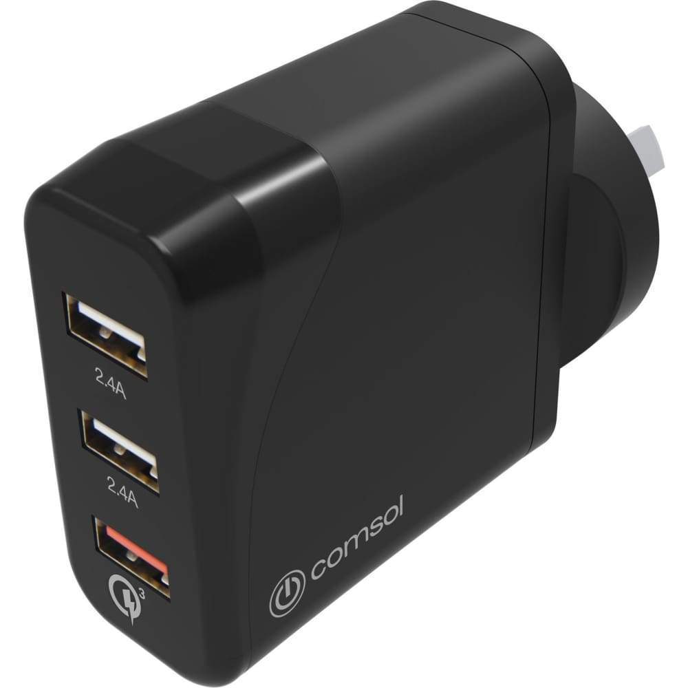 Comsol 3 Port USB Wall Charger with QC 3.0 (30W) - Black - Accessories