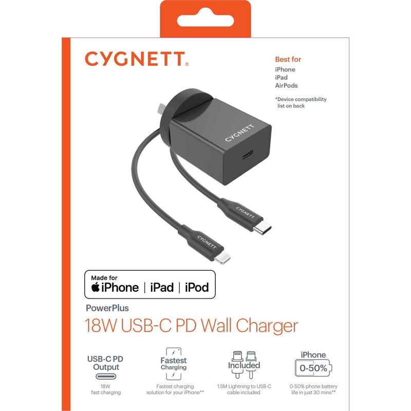 Genuine Cygnett PowerPlus PD18W Fast Charge Wall Adapter+Lightning to USB C Cord