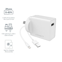 Thumbnail for Cygnett PowerPlus 12W Fast Charge Wall Adapter w Lightning Cable - White