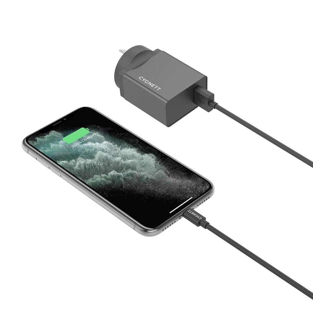 Cygnett PowerPlus 12W Fast Wall Charger + Lightning Cable - Black - Accessories