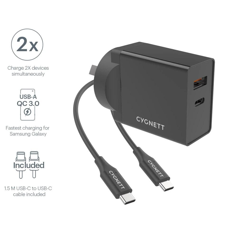 Cygnett Powerplus 18w Usb-c Pd Ac Charger + Usb-c To Usb-c 1.5m Cable - Black - Accessories