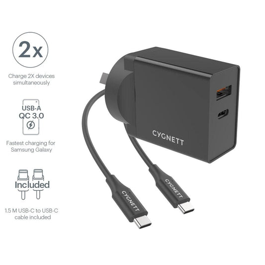 Cygnett Powerplus 18w Usb-c Pd Ac Charger + Usb-c To Usb-c 1.5m Cable - Black - Accessories