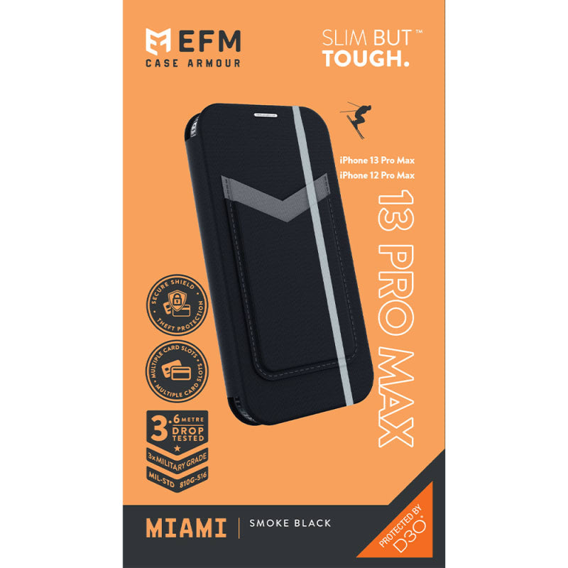 EFM Miami Leather Wallet Case Armour with D3O For iPhone 13 Pro Max (6.7") - Smoke Black