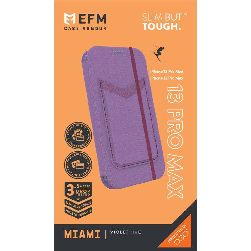 EFM Miami Leather Wallet Case Armour with D3O For iPhone 13 Pro Max (6.7") - Violet