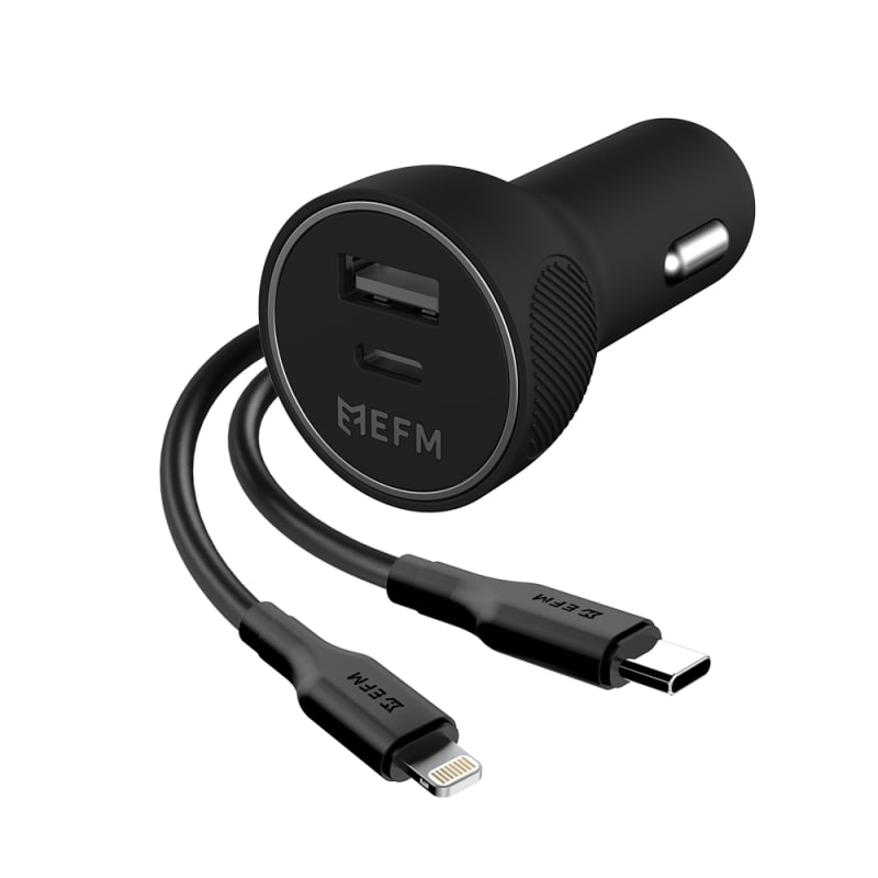 EFM 57W Dual Port Car Charger With Type C to Apple Lightning Cable - Black