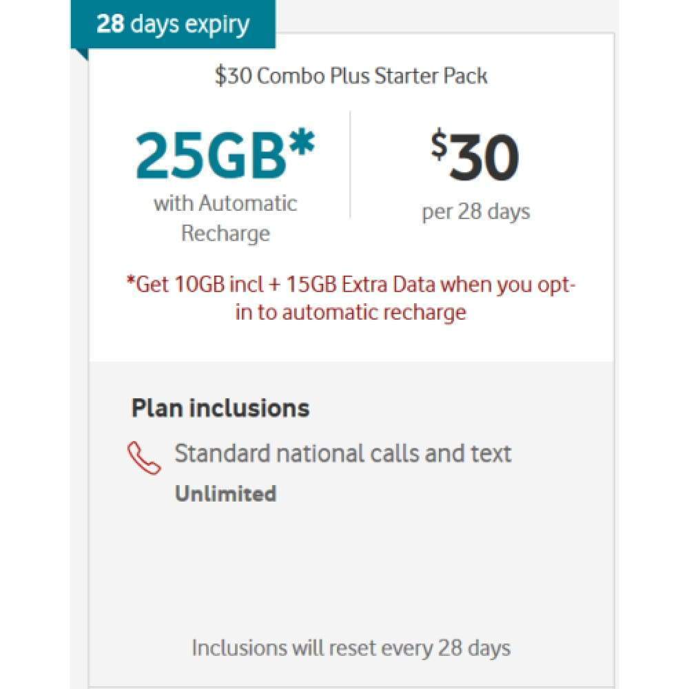 VODAFONE $30 Prepaid Sim Starter - Unlimited Calls & Text upto 25Gb Monthly Data - Accessories