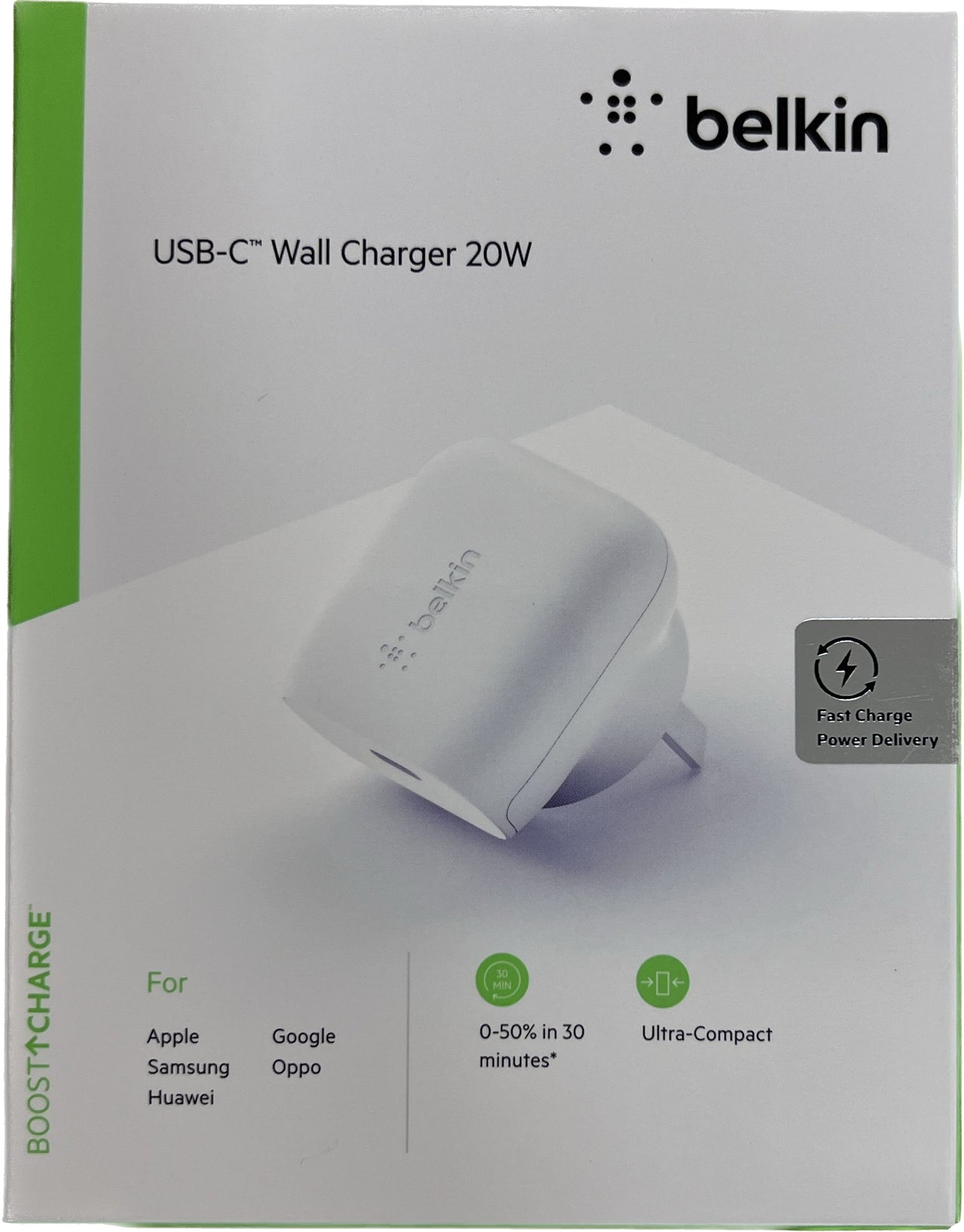 Belkin 20W USB-C PD Wall Boost Charger for Apple, Samsung + Universal - White